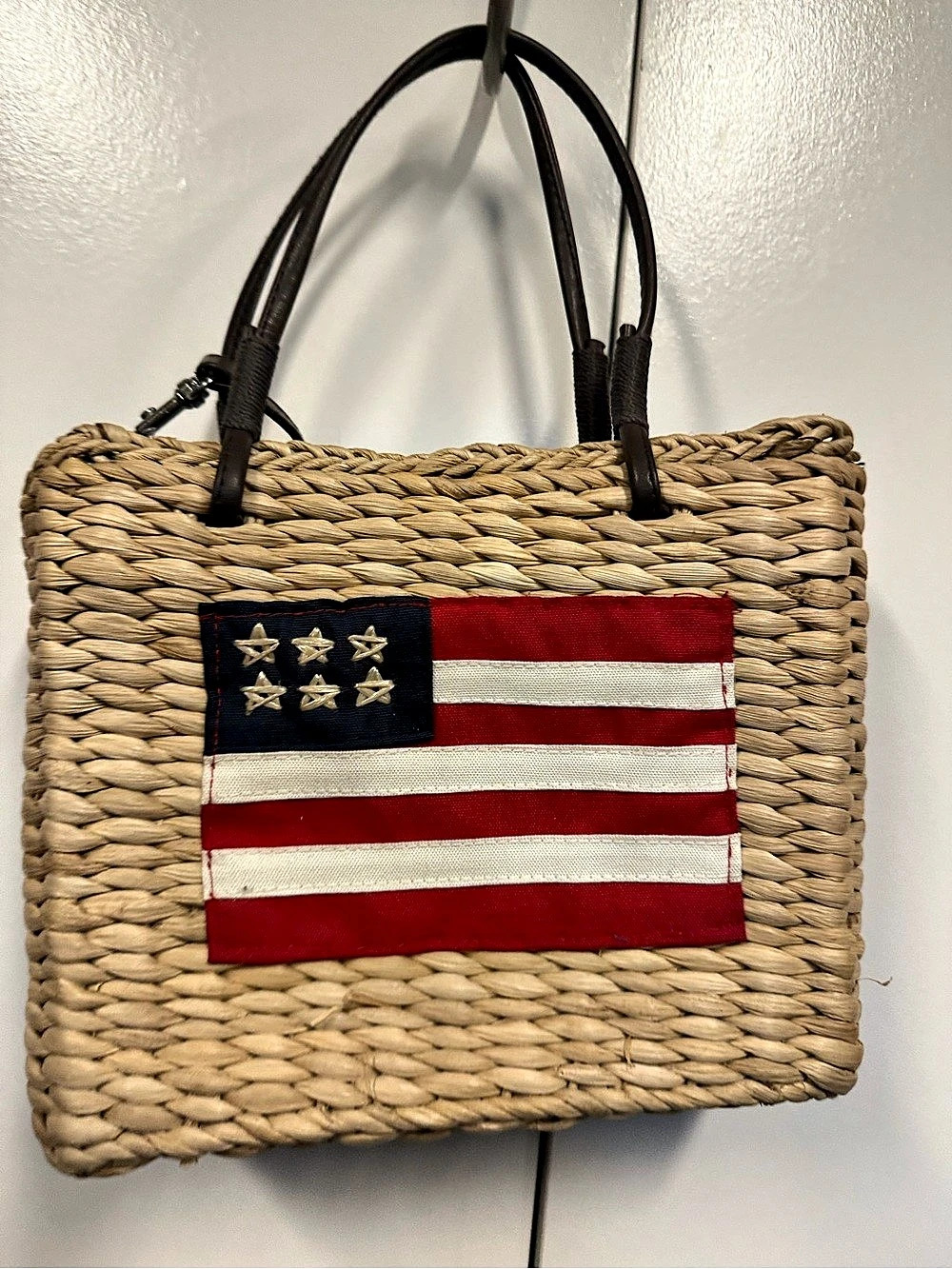 New patriotic American Flag Straw Tote Bag - july 4th, Memorial or Veterans Day
